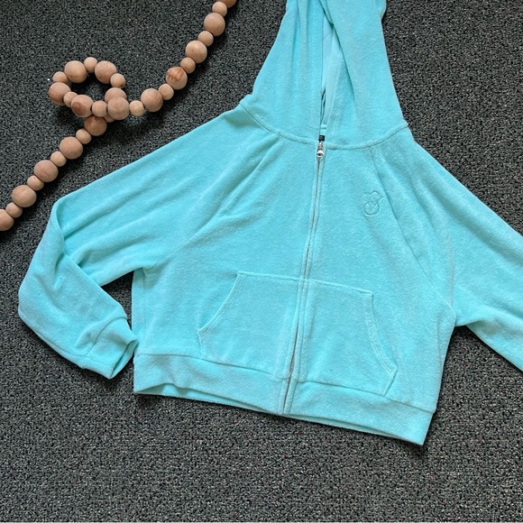 Victoria’s Secret Tourquoise Blue Green Cropped Zip-Up Sweater Terry Cloth Sz XS - Picture 10 of 16